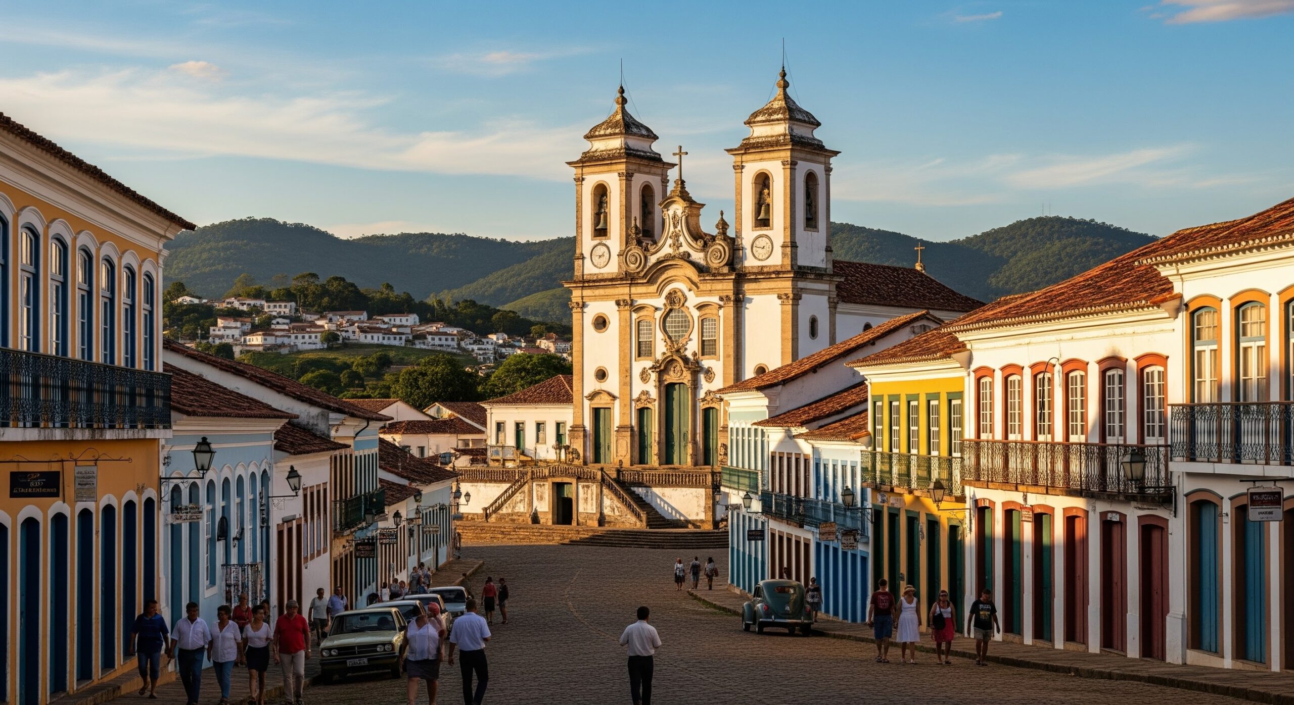 Vista da encantadora cidade colonial com igrejas históricas e ruas coloridas, no cenário de montanhas ao pôr do sol, refletindo o charme do Brasil.